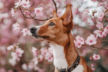 basenji dog or african barkless purebred in spring park with pink blossoms on trees
