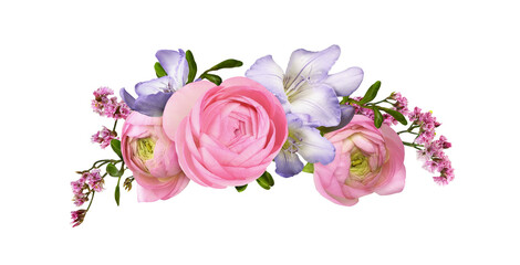 Pink ranunculus flowers, limonium and purple freesia in a beautiful floral arrangement isolated on white or transparent background