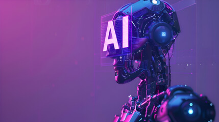 AI Robotics: Futuristic Robot with Hologram Brain Visualization, Neon Purple Background