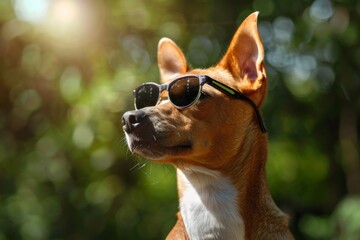 basenji dog or african barkless purebred portrait in sunglasses  in the park outdoors in summer