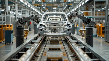 Robotic Arms in Automotive Factory Assembly Line, Wide-Angle View