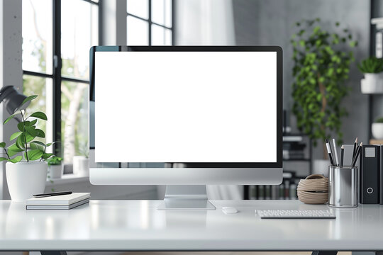 Laptop computer on a table in a modern interior with green plants and sunlight