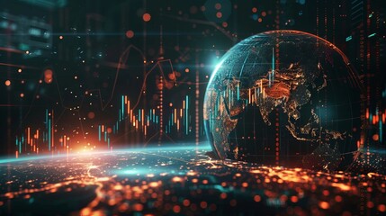 Hi-tech hologram of planet Earth with glowing vector chart of investment financial data. Graph stock market with rising candlesticks. Infographic elements and realistic transparent world map