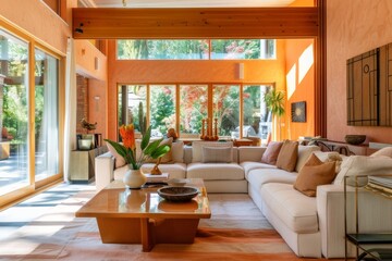 Fototapeta premium living room in modern home in white, orange and peach fuzz color palette. Contemporary interior design.