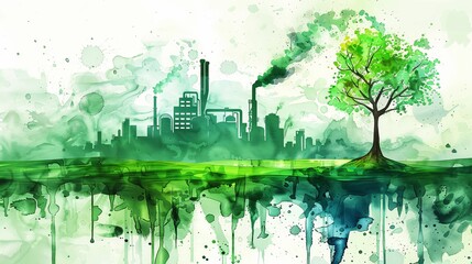 Illustration depicting an environmentally friendly planet, featuring a green factory and trees planted from watercolor stains, symbolizing ecological conservation.