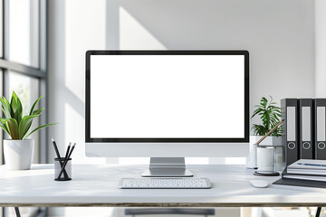 Laptop computer on a table in a modern interior with green plants and sunlight