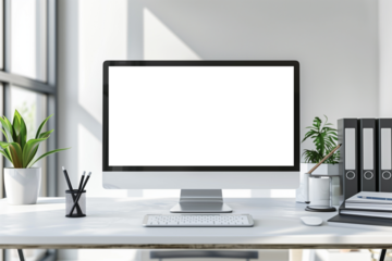 Laptop computer on a table in a modern interior with green plants and sunlight