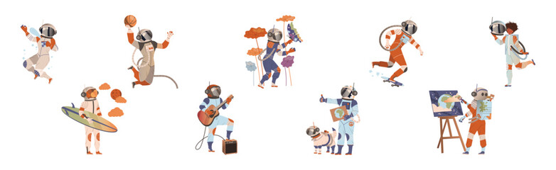 Astronaut and Cosmonaut Character in Spacesuit Vector Set