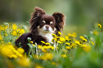 beautiful long haired chihuahua portrait on a field with dandelions