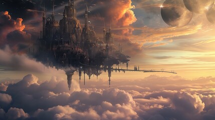 Gaze upon a celestial city suspended among the clouds. AI Generative