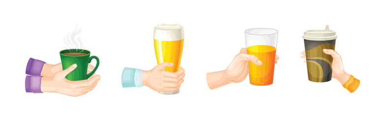 Hand Holding Drink and Different Beverage Vector Set