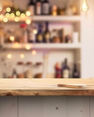 An empty wooden table with a wooden cutting board on it. The background is a blurred image of a bar.