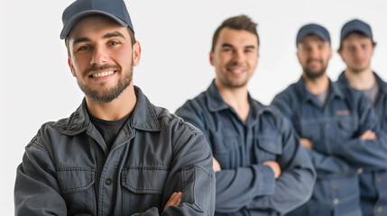 Friendly Team of Mechanics in Uniform Smiling.