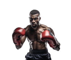 Focused boxer in red gloves and athletic stance ready to strike, isolated on transparent background. Generative AI