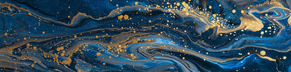A rich cobalt blue marble ink dances gracefully across a mesmerizing abstract backdrop, sparkling...