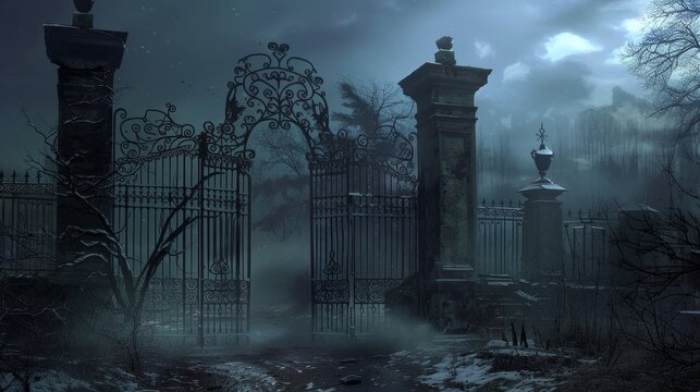 Massive iron gates, heavily detailed with dark, gothic motifs, opening into a desolate, hellish landscape filled with shadows and despair