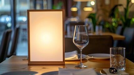 Mock-up menu frame displayed on a table in a bar, restaurant, or cafe setting.
