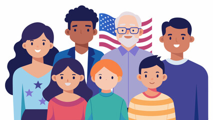 A family reunion where the eldest member shares the familys own personal legend and how they came to America seeking a better life.. Vector illustration