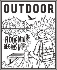 Vintage camping poster with motivational outdoor adventure saying, featuring tent, forest, mountain, lake, wildlife. Sticker for nature hiking, camp. T-shirt print.