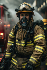 Naklejka premium A man in a firefighters uniform stands confidently in front of a massive train, showcasing dedication and service