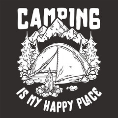Monochrome line art badge featuring a camping scene with a tent, campfire, mountains, and forest, symbolizing the joy of outdoor life and adventure