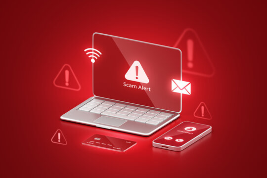 Scam warning fraud danger alert security technology crime network spam attention online on 3d risk cyber internet caution phone background email alarm message hacker attack error phishing concept.