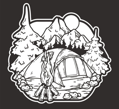 recommend clip art: Black and white line art illustration featuring a scenic camping setup with a tent, campfire, mountains, trees, and wildlife elements, ideal for outdoor adventure themes