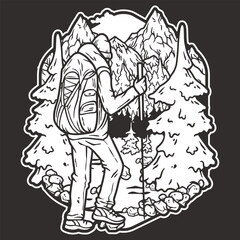 Outline of a hiker with a backpack trekking through a mountainous landscape, evoking the spirit of outdoor camping and wilderness exploration in a line art style