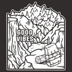 Stylized line art illustration of a mountainous landscape featuring camping gear and the phrase 'good vibes', invoking a spirit of outdoor exploration and positivity