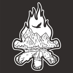 Stylized black and white line art illustration combining a mountain range backdrop with a foreground of a camping scene. Featuring a campfire and a tent