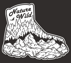Black and white line art illustration of a rugged mountain range within a boot outline, suitable for camping, hiking, and nature-themed sticker or emblem designs