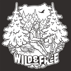 Line art illustration captures the essence of outdoor life. Featuring a camper sitting by a fire with wild scenery. Including mountains. Trees. And a bird in flight