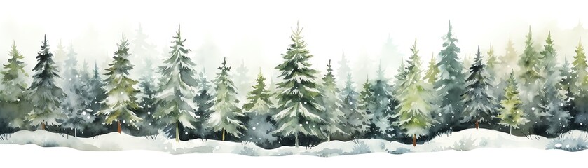 A handdrawn watercolor illustration of a coniferous forest with spruce trees, depicting a winter nature scene with snow and a holiday background, isolated on white