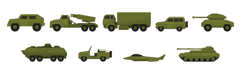 Naklejka premium Military Machinery, Transport and Equipment Vector Set