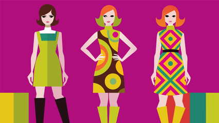 The 60s mod look gets a modern twist with bright colors and bold geometric patterns on shift dresses and kneehigh boots.. Vector illustration