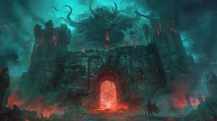 Hell's gates standing tall, guarded by formidable creatures and intricate traps, challenging adventurers seeking to uncover hidden quests and treasures