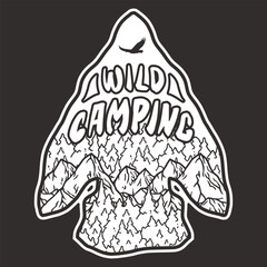 Stylish line art illustration of a mountainous landscape inside an arrowhead shape for outdoor enthusiasts and nature-themed designs