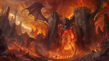 Hell's gates standing tall, guarded by formidable creatures and intricate traps, challenging adventurers seeking to uncover hidden quests and treasures