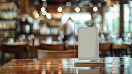 Mockup of a menu frame placed on a table in a bar restaurant, accompanied by a stand for booklets and an acrylic tent card on a cafeteria counter, with a chef cooking in the background.