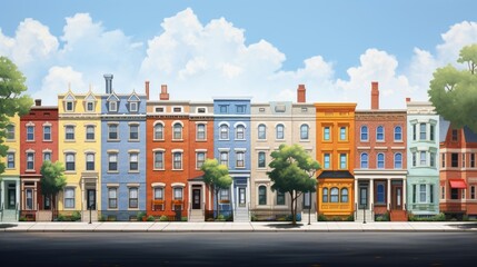 Obraz premium Historic district watercolor illustration - Generative AI. Historic, building, street, blue, sky.