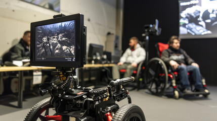 A man sitting in a wheelchair, watching a video on a screen in front of him