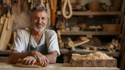 Woodworker with a Proud Smile in His Traditional Workshop.