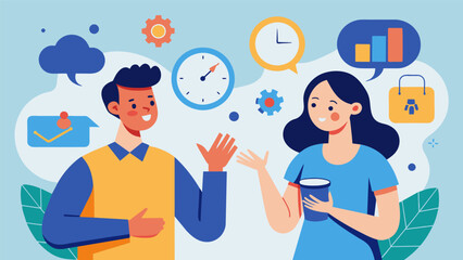 In a bustling marketplace a man with dyspraxia and a woman with dyscalculia exchange ideas about the concept of time and its relationship to. Vector illustration