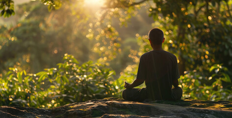 A man sitting calmly in the center of a dense forest surrounded by tall trees and undergrowth