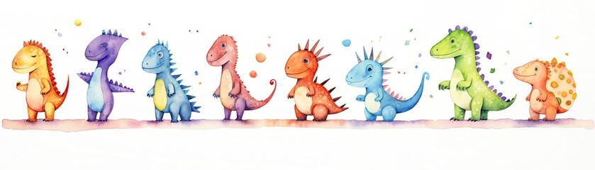 A watercolor set of little dinosaurs, each painted in vivid colors and playful styles, isolated on a white background