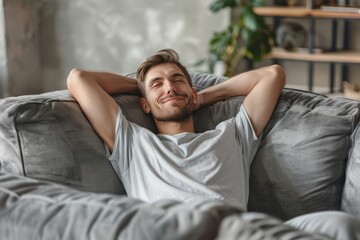 Caucasian men relaxing in the sofa, enjoying the day off