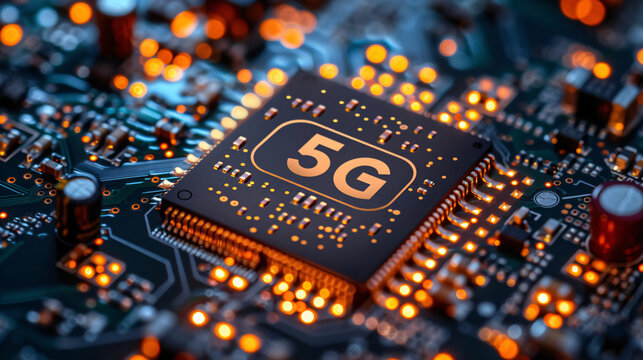 Intimate view of a 5G chipset on a circuit board, showcasing the microelectronics driving 5G devices and infrastructure.