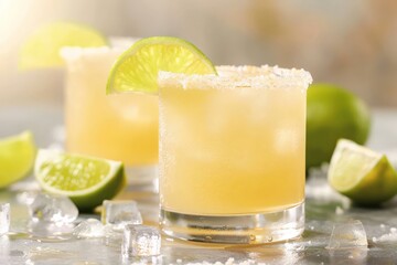 Fototapeta premium Chilled margaritas with fresh lime on a table, accented by a scattering of ice cubes.