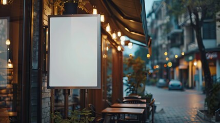Mockup of a white paper poster displayed outside a restaurant building, illustrating marketing and business concepts.