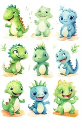 Fototapeta premium A cartoon interpretation of a watercolor collection of little dinosaurs, each character distinct and lively, isolated on a white background